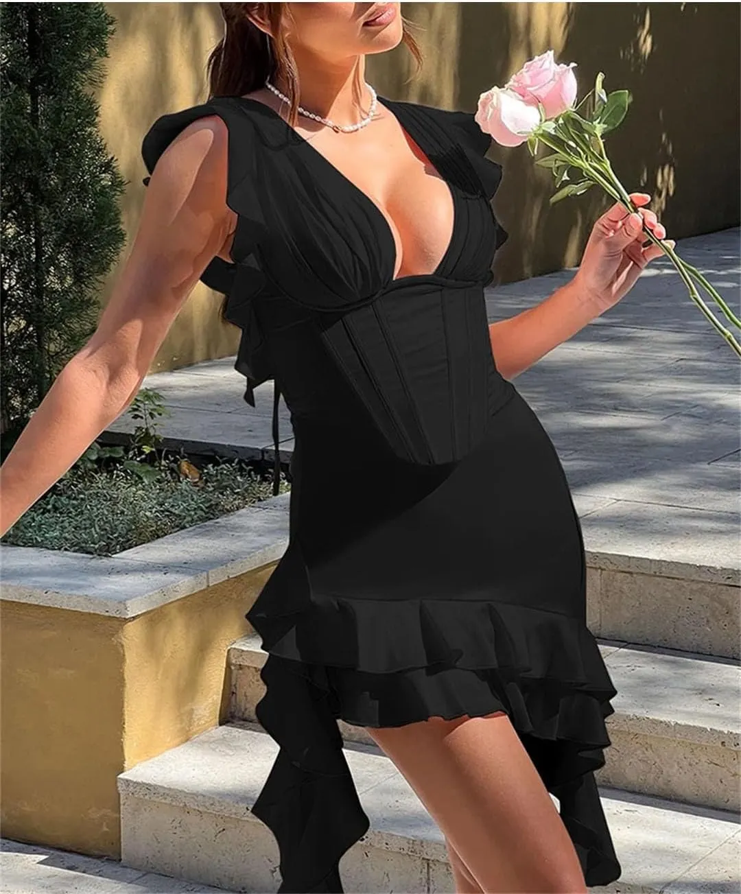 Women Deep V Neck Backless Draped Ruffle Mini Sleeveless Bodycon Club Party Elegant Dress