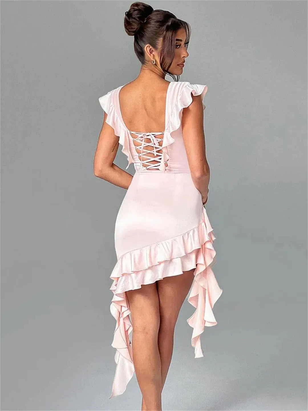 Women Deep V Neck Backless Draped Ruffle Mini Sleeveless Bodycon Club Party Elegant Dress