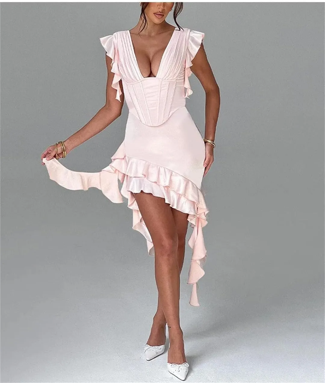 Women Deep V Neck Backless Draped Ruffle Mini Sleeveless Bodycon Club Party Elegant Dress