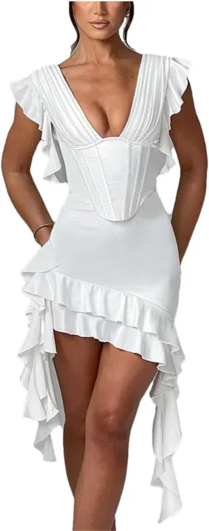 Women Deep V Neck Backless Draped Ruffle Mini Sleeveless Bodycon Club Party Elegant Dress