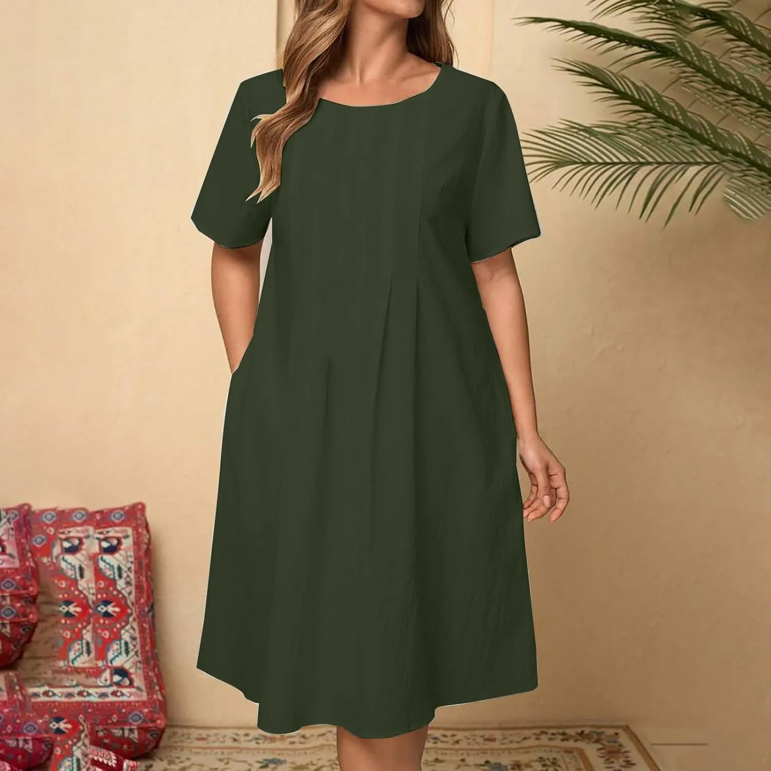 Women Dresses Casual Elegant Summer Short Sleeve Cotton Linen Pleated Midi Dress Business Work Clothes
