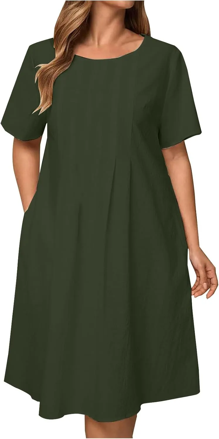 Women Dresses Casual Elegant Summer Short Sleeve Cotton Linen Pleated Midi Dress Business Work Clothes