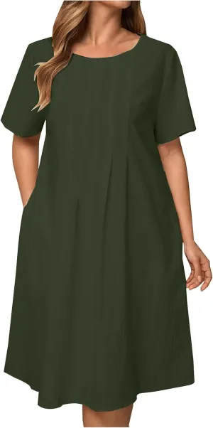 Women Dresses Casual Elegant Summer Short Sleeve Cotton Linen Pleated Midi Dress Business Work Clothes