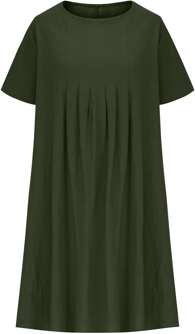 Women Dresses Casual Elegant Summer Short Sleeve Cotton Linen Pleated Midi Dress Business Work Clothes