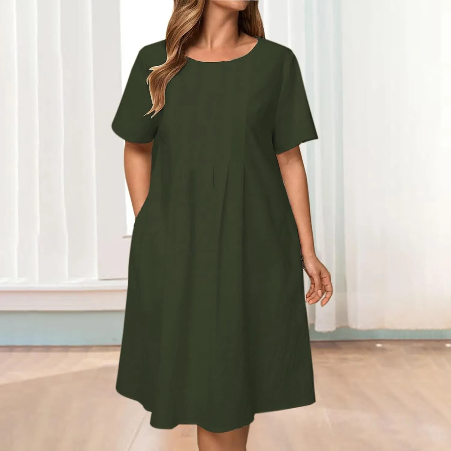 Women Dresses Casual Elegant Summer Short Sleeve Cotton Linen Pleated Midi Dress Business Work Clothes