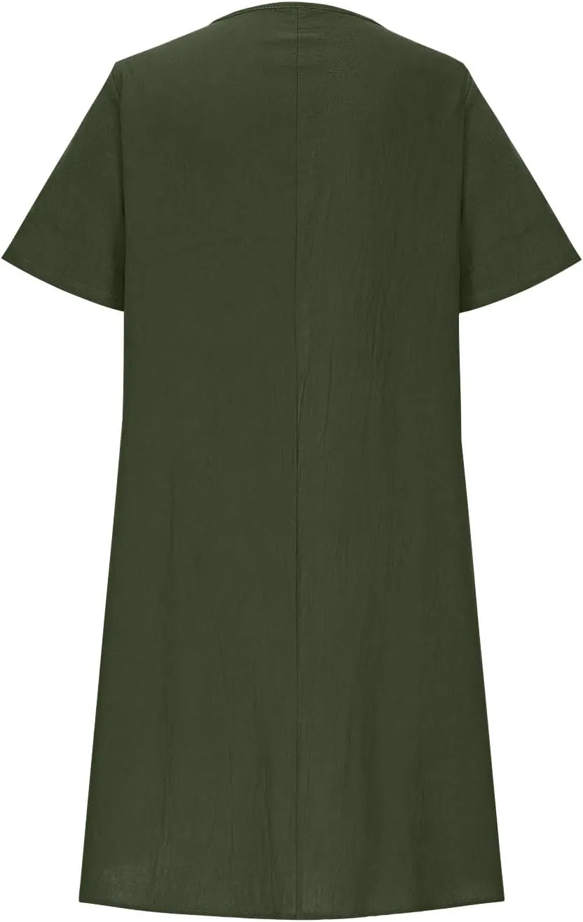 Women Dresses Casual Elegant Summer Short Sleeve Cotton Linen Pleated Midi Dress Business Work Clothes
