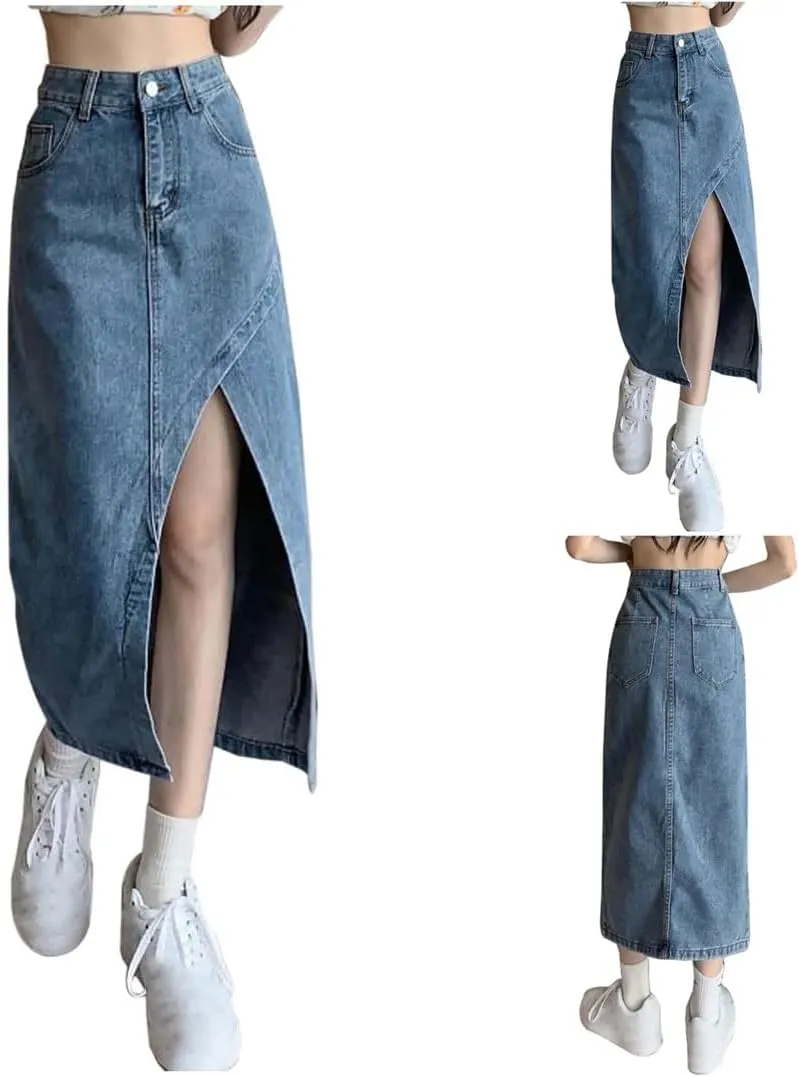 Women Elegant High Waisted Denim Skirt Summer Asymmetrical Split Hem Slimming Midi Long Pencil Skirt