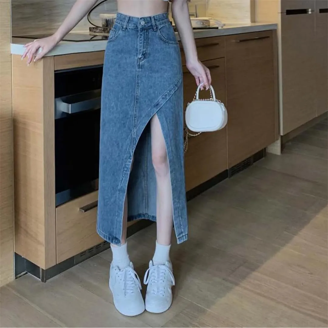 Women Elegant High Waisted Denim Skirt Summer Asymmetrical Split Hem Slimming Midi Long Pencil Skirt