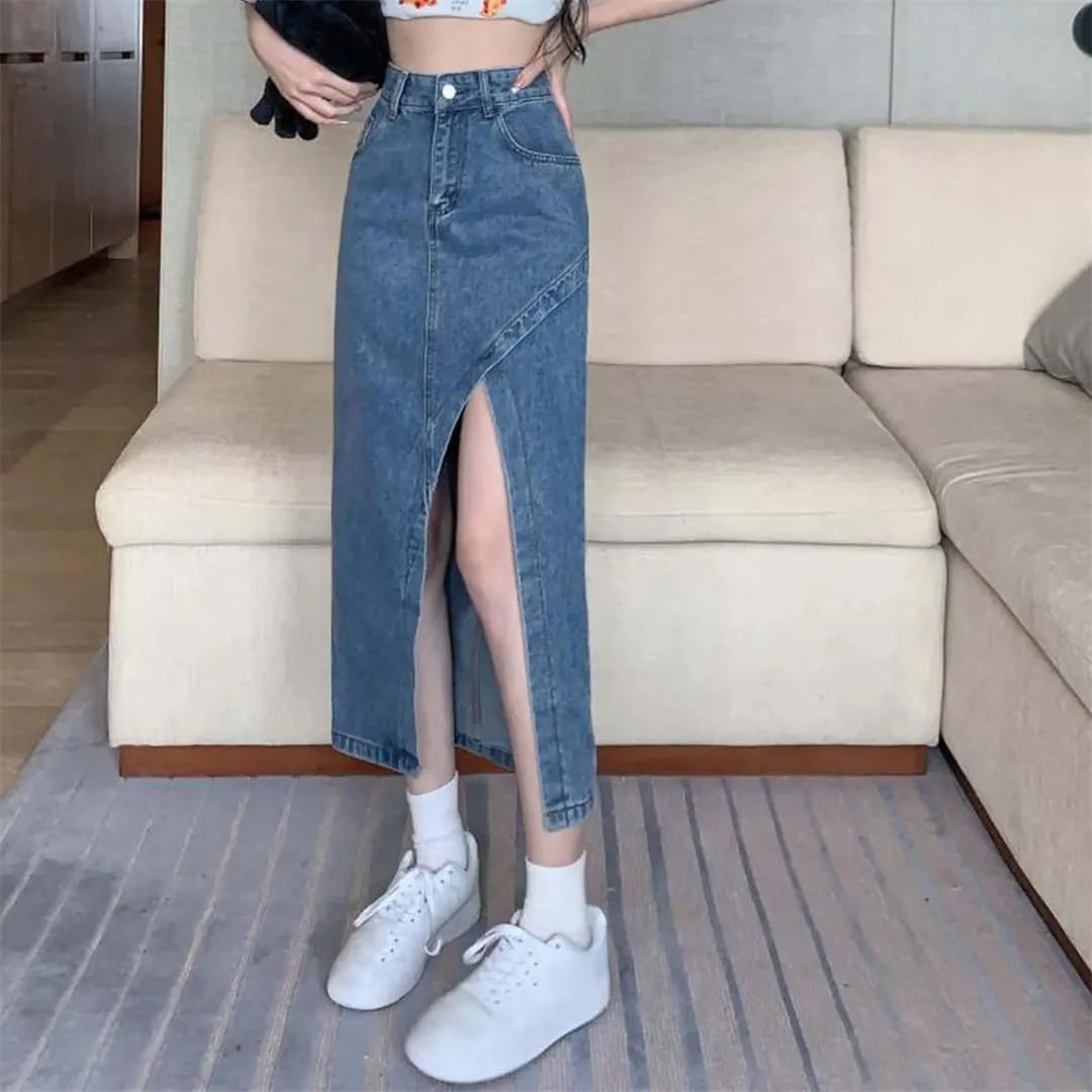 Women Elegant High Waisted Denim Skirt Summer Asymmetrical Split Hem Slimming Midi Long Pencil Skirt