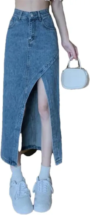 Women Elegant High Waisted Denim Skirt Summer Asymmetrical Split Hem Slimming Midi Long Pencil Skirt