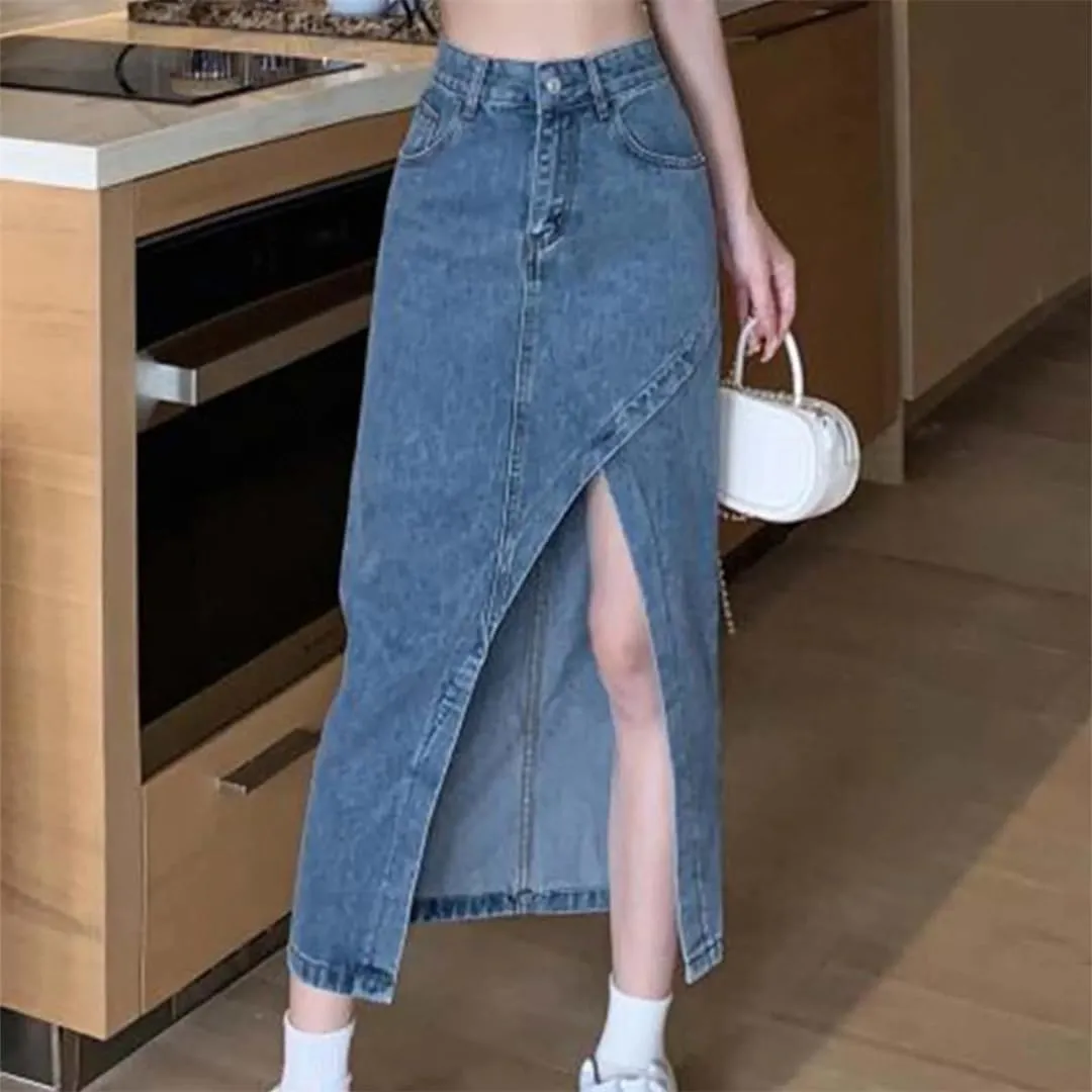 Women Elegant High Waisted Denim Skirt Summer Asymmetrical Split Hem Slimming Midi Long Pencil Skirt