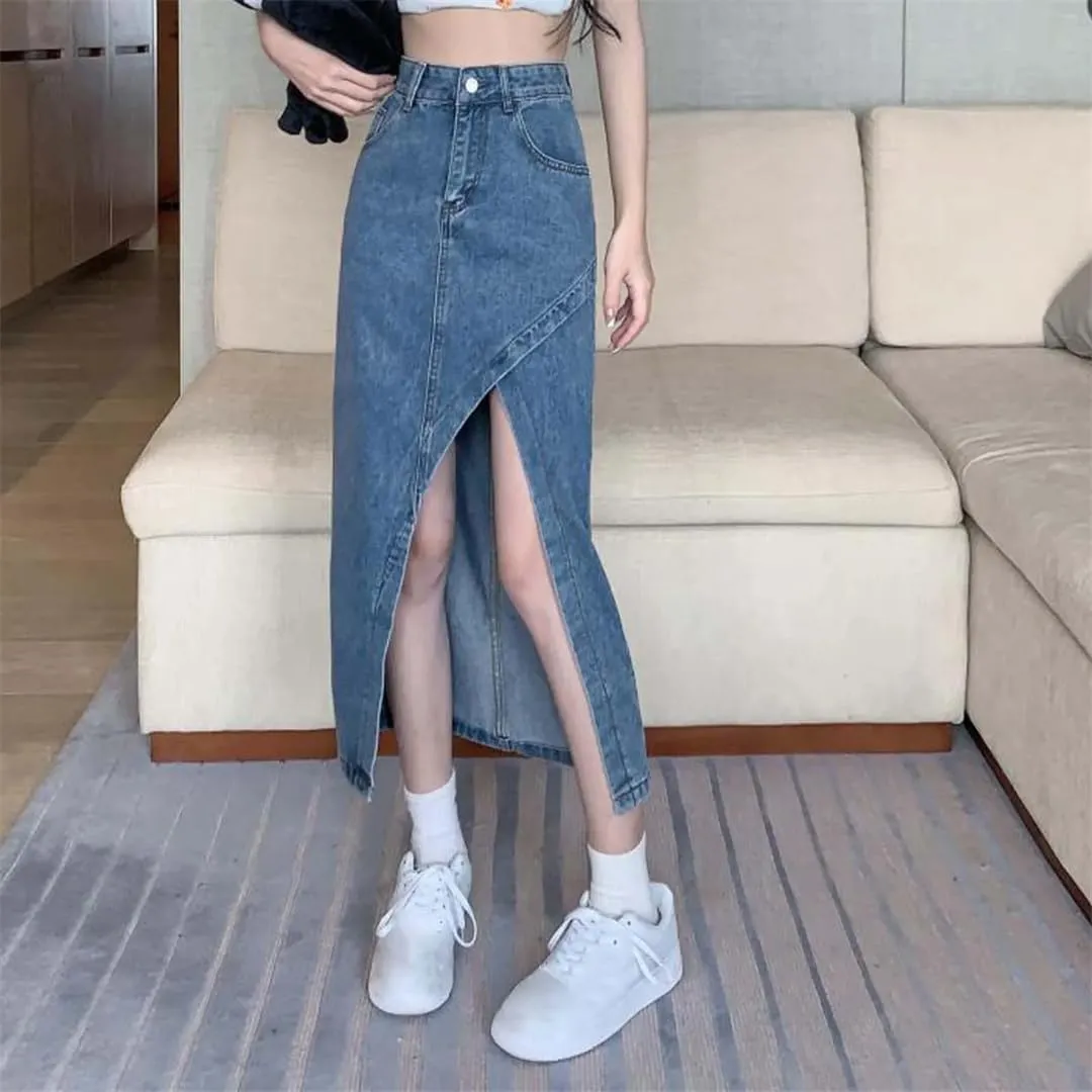 Women Elegant High Waisted Denim Skirt Summer Asymmetrical Split Hem Slimming Midi Long Pencil Skirt