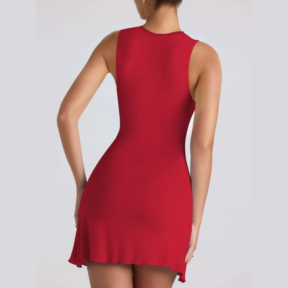 Women Elegant Square Neck Lace Patchwork Bustier Short Dress Sleeveless Dressy Solid Bodycon Mini Dress Clubwear