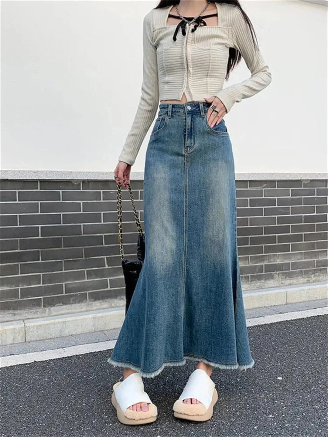 Women Fashion Spring Vintage Do Old Midi Denim Skirt High Waisted Trumpet A Line Skirts