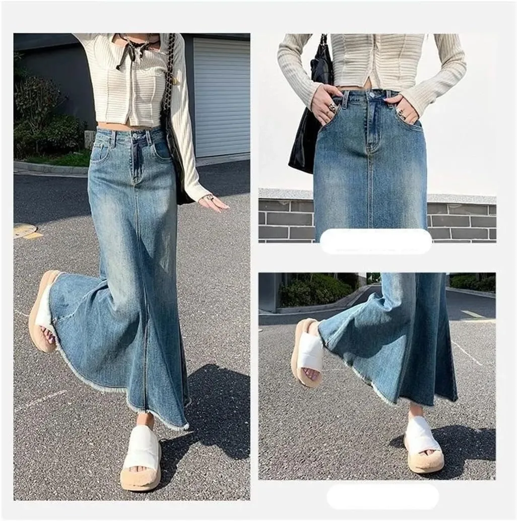 Women Fashion Spring Vintage Do Old Midi Denim Skirt High Waisted Trumpet A Line Skirts