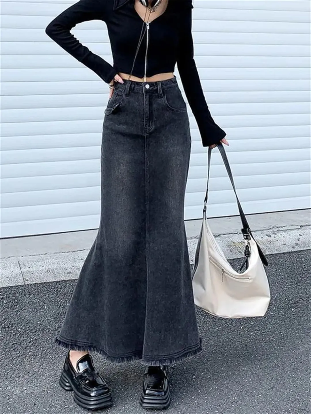 Women Fashion Spring Vintage Do Old Midi Denim Skirt High Waisted Trumpet A Line Skirts