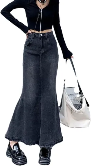 Women Fashion Spring Vintage Do Old Midi Denim Skirt High Waisted Trumpet A Line Skirts