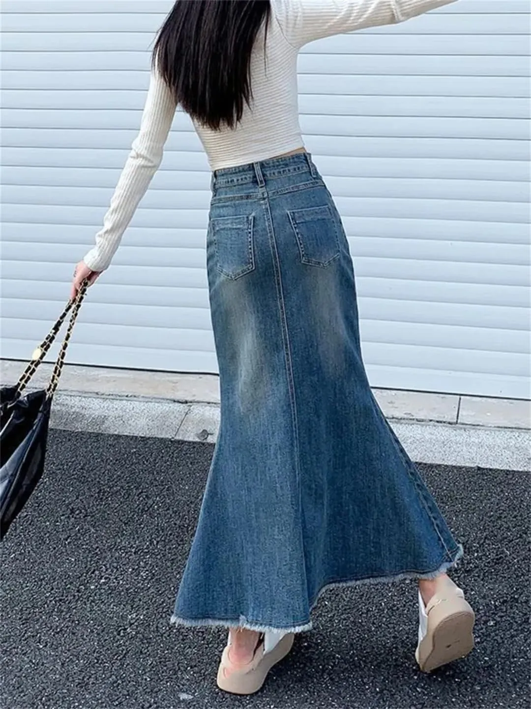 Women Fashion Spring Vintage Do Old Midi Denim Skirt High Waisted Trumpet A Line Skirts