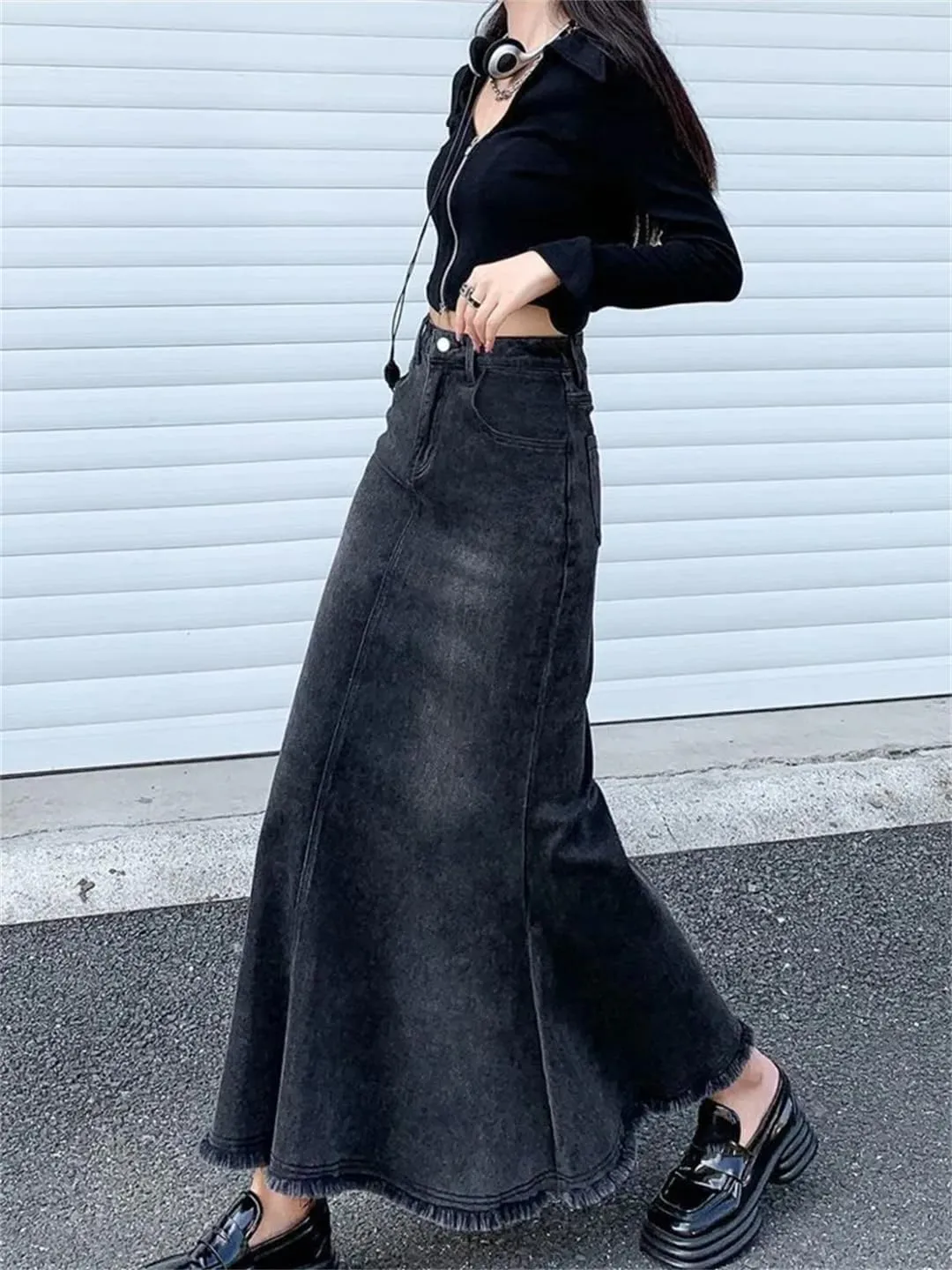 Women Fashion Spring Vintage Do Old Midi Denim Skirt High Waisted Trumpet A Line Skirts