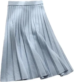 Women Knitted Midi Skirt Elegant High Waist A-Line Pleated Long Skirt Spring Stretchy Sweater Skirt