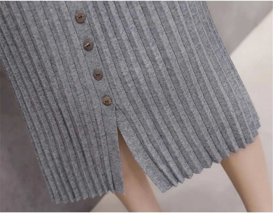 Women Knitted Midi Skirt Vintage Stretch Waist Split Single Button Up Pleated Bodycon Skirts
