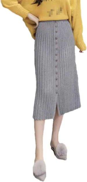 Women Knitted Midi Skirt Vintage Stretch Waist Split Single Button Up Pleated Bodycon Skirts