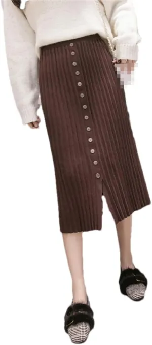 Women Knitted Midi Skirt Vintage Stretch Waist Split Single Button Up Pleated Bodycon Skirts
