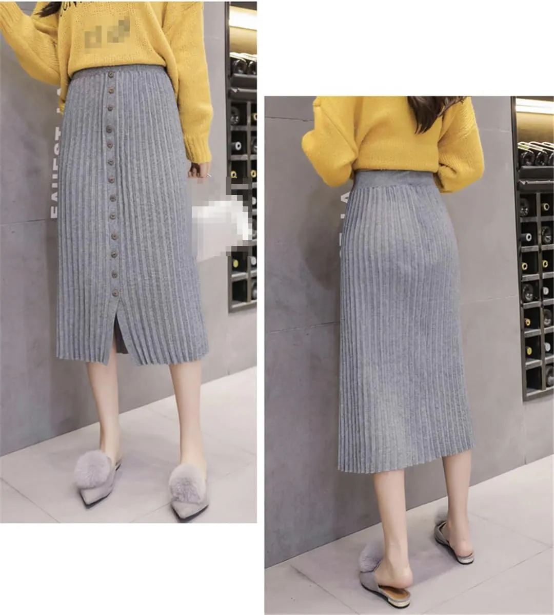 Women Knitted Midi Skirt Vintage Stretch Waist Split Single Button Up Pleated Bodycon Skirts