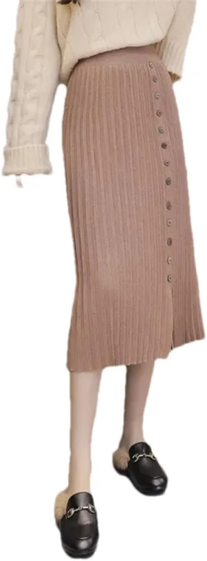 Women Knitted Midi Skirt Vintage Stretch Waist Split Single Button Up Pleated Bodycon Skirts