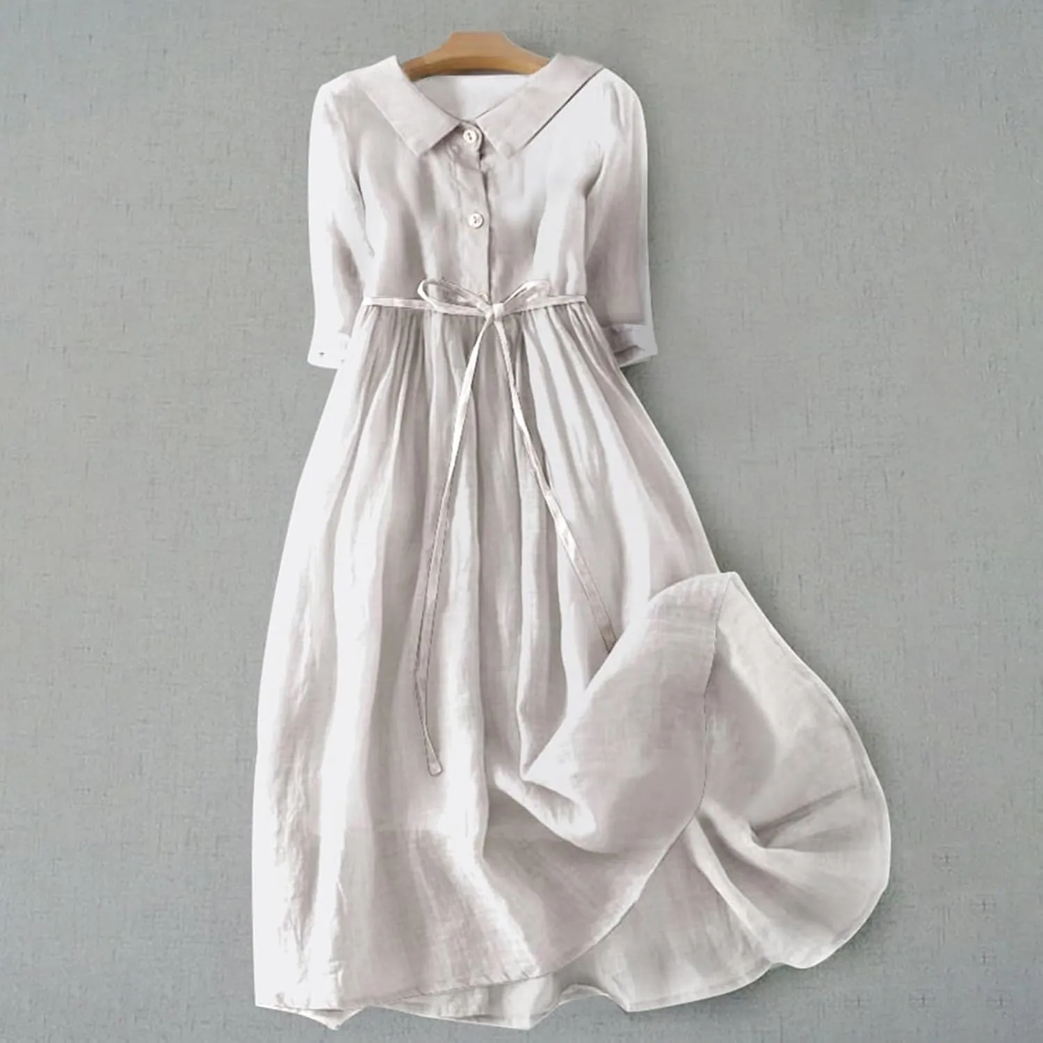 Women Korean Style Dresses Lace-Up Waist-Defined Henley Shirt Midi Dress Summer Half Sleeve Trendy A-Line Dress