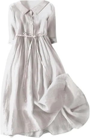 Women Korean Style Dresses Lace-Up Waist-Defined Henley Shirt Midi Dress Summer Half Sleeve Trendy A-Line Dress