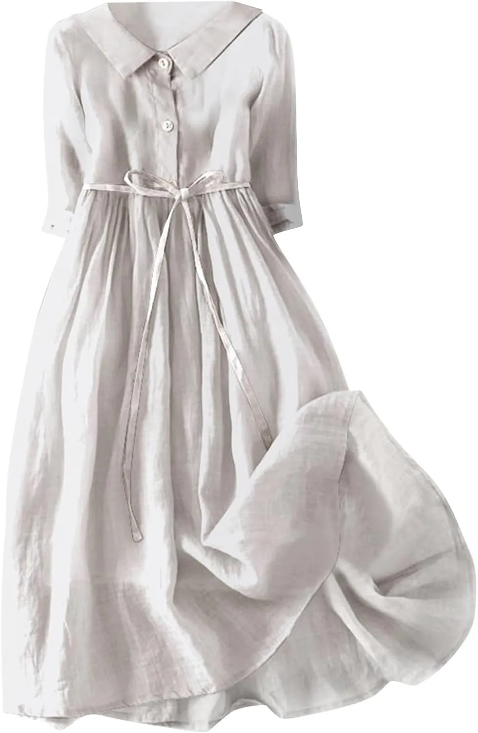 Women Korean Style Dresses Lace-Up Waist-Defined Henley Shirt Midi Dress Summer Half Sleeve Trendy A-Line Dress