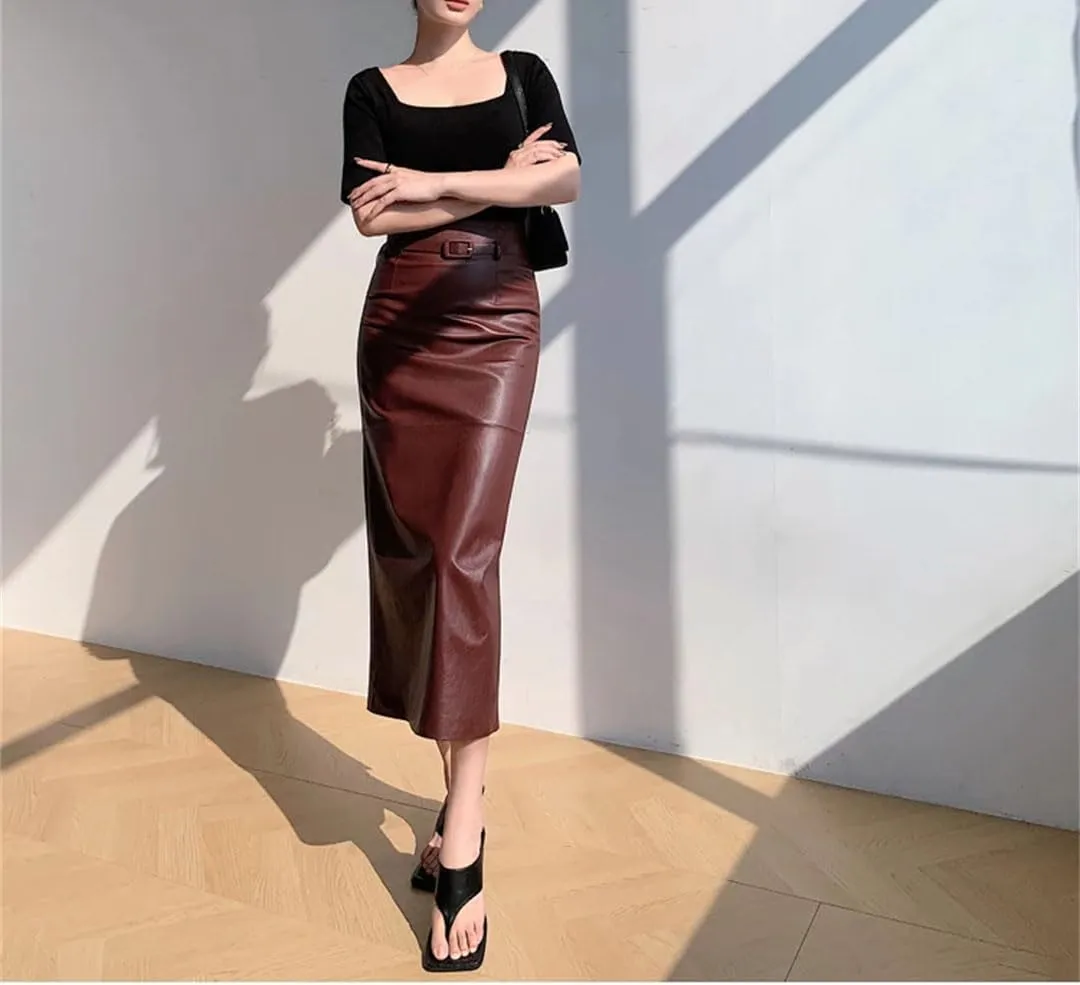 Women Leather Pencil Midi Skirt High Waist Belt Split Long Straight Skirt Solid Bodycon Wrap Skirt