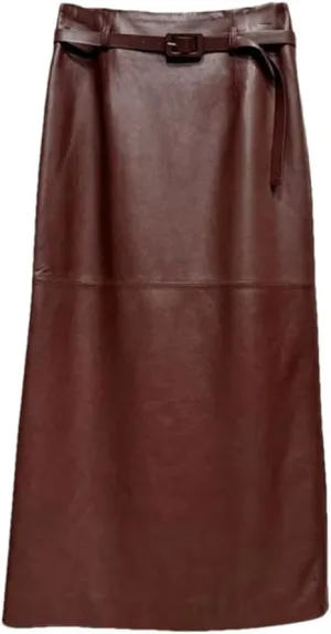 Women Leather Pencil Midi Skirt High Waist Belt Split Long Straight Skirt Solid Bodycon Wrap Skirt