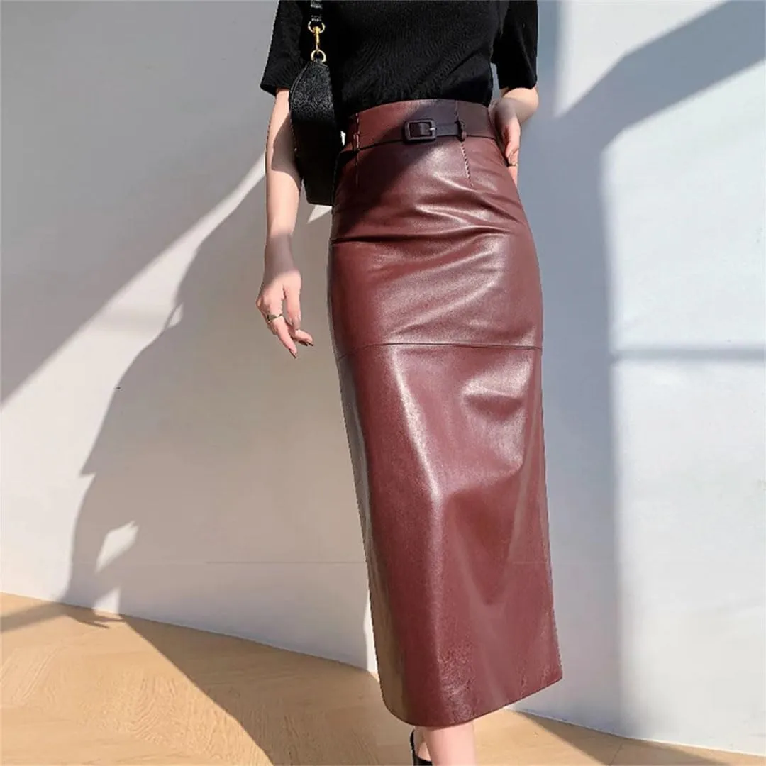 Women Leather Pencil Midi Skirt High Waist Belt Split Long Straight Skirt Solid Bodycon Wrap Skirt