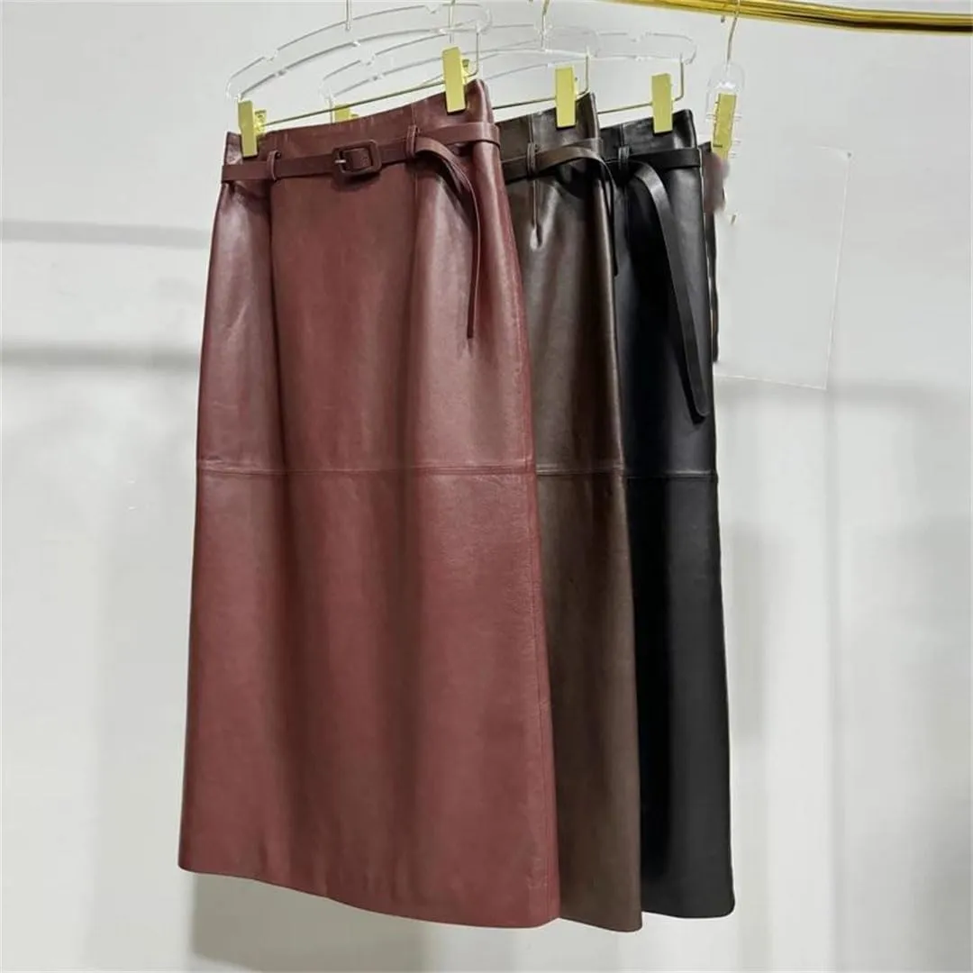 Women Leather Pencil Midi Skirt High Waist Belt Split Long Straight Skirt Solid Bodycon Wrap Skirt