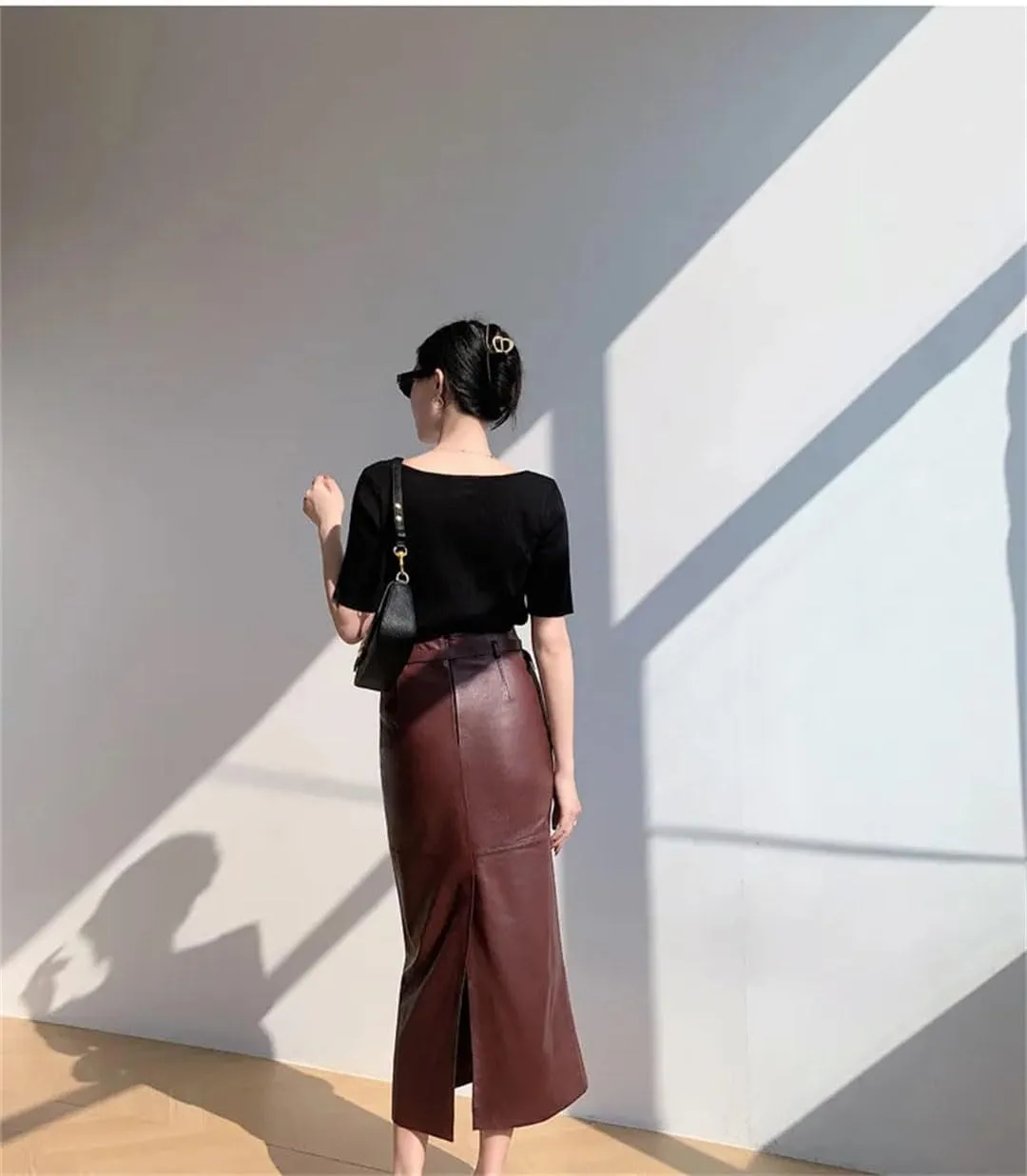 Women Leather Pencil Midi Skirt High Waist Belt Split Long Straight Skirt Solid Bodycon Wrap Skirt