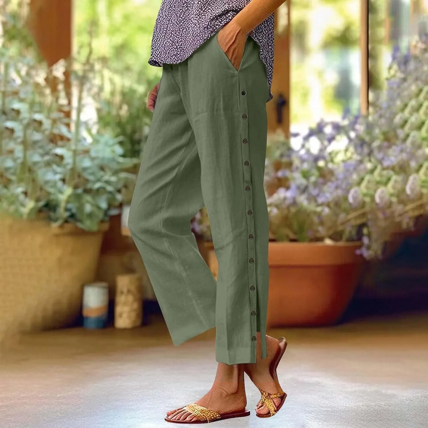 Women Linen Pants 2025 Side Button Up Casual Pants Loose Drawstring Beach Summer Lightweight Capri Trousers