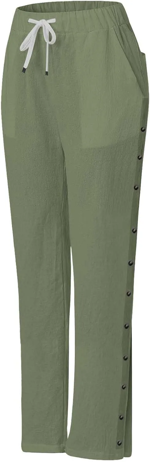 Women Linen Pants 2025 Side Button Up Casual Pants Loose Drawstring Beach Summer Lightweight Capri Trousers