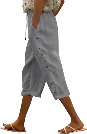 Women Linen Pants 2025 Side Button Up Casual Pants Loose Drawstring Beach Summer Lightweight Capri Trousers