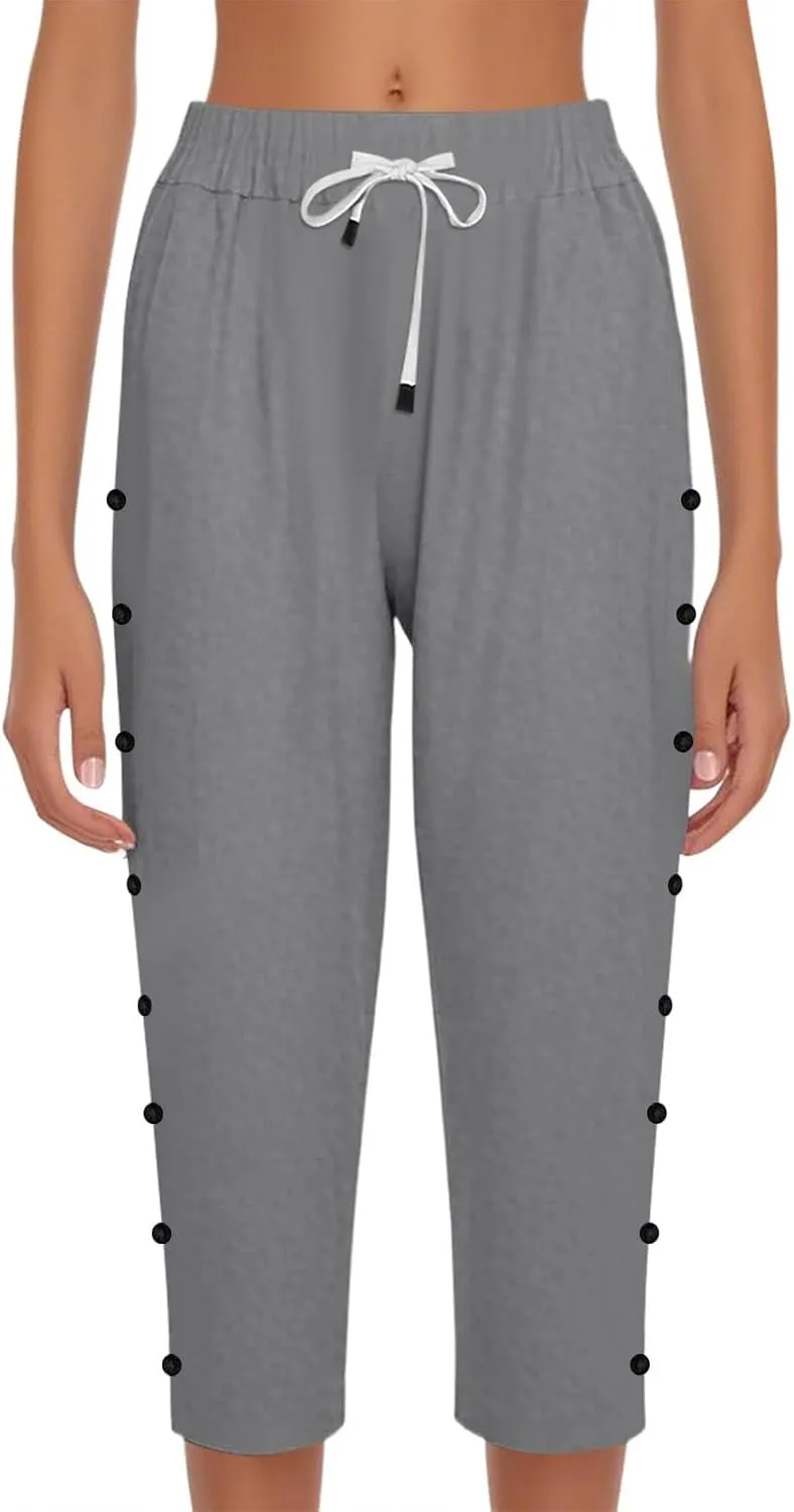 Women Linen Pants 2025 Side Button Up Casual Pants Loose Drawstring Beach Summer Lightweight Capri Trousers