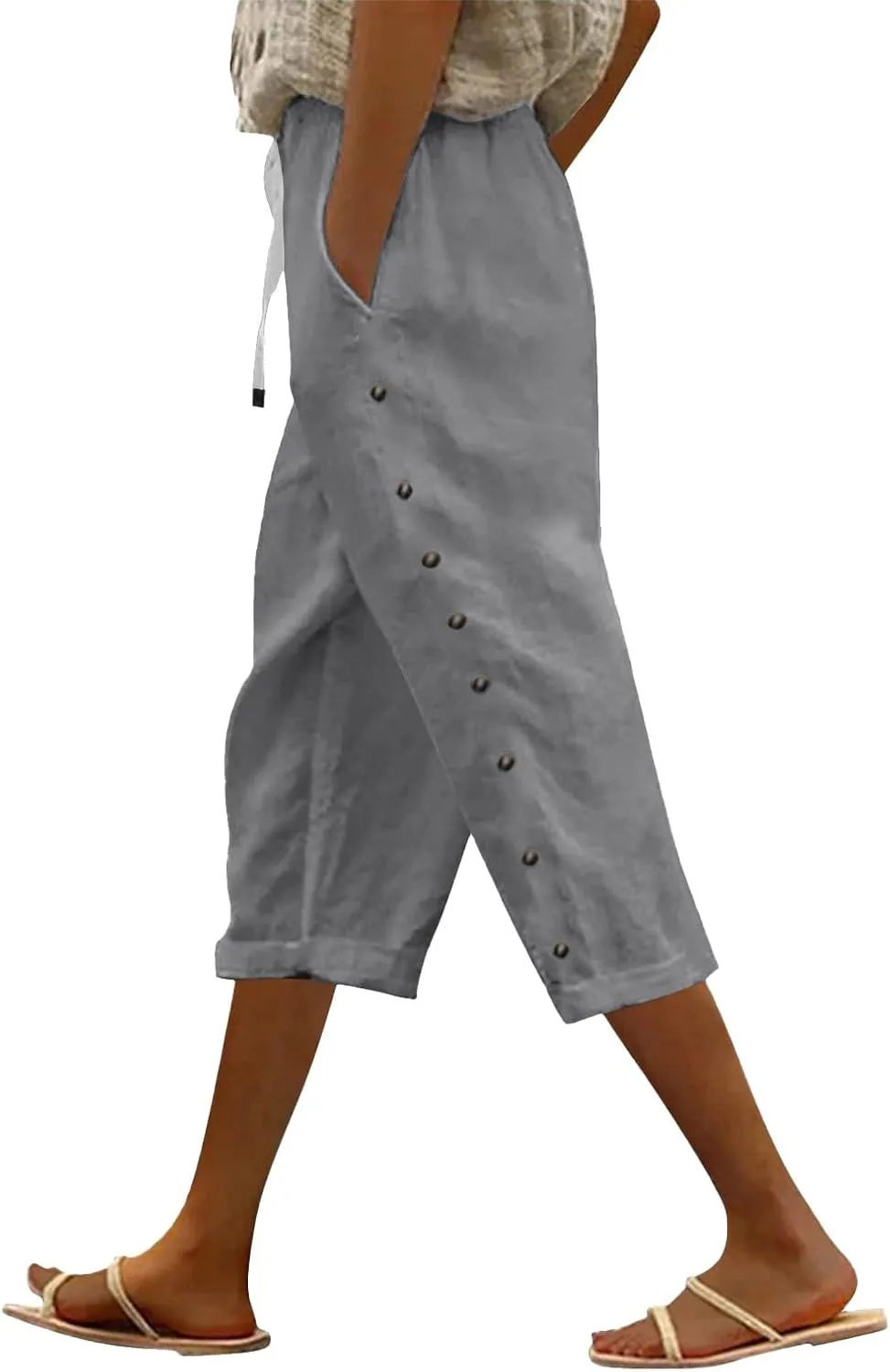 Women Linen Pants 2025 Side Button Up Casual Pants Loose Drawstring Beach Summer Lightweight Capri Trousers