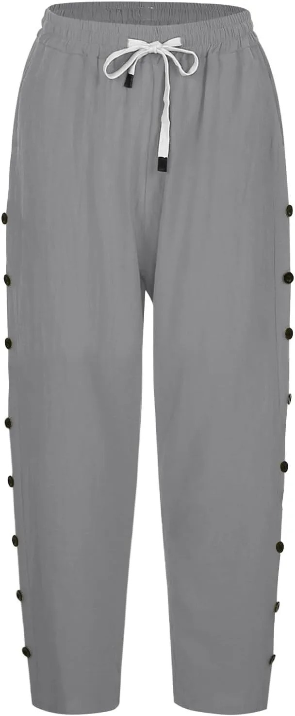 Women Linen Pants 2025 Side Button Up Casual Pants Loose Drawstring Beach Summer Lightweight Capri Trousers