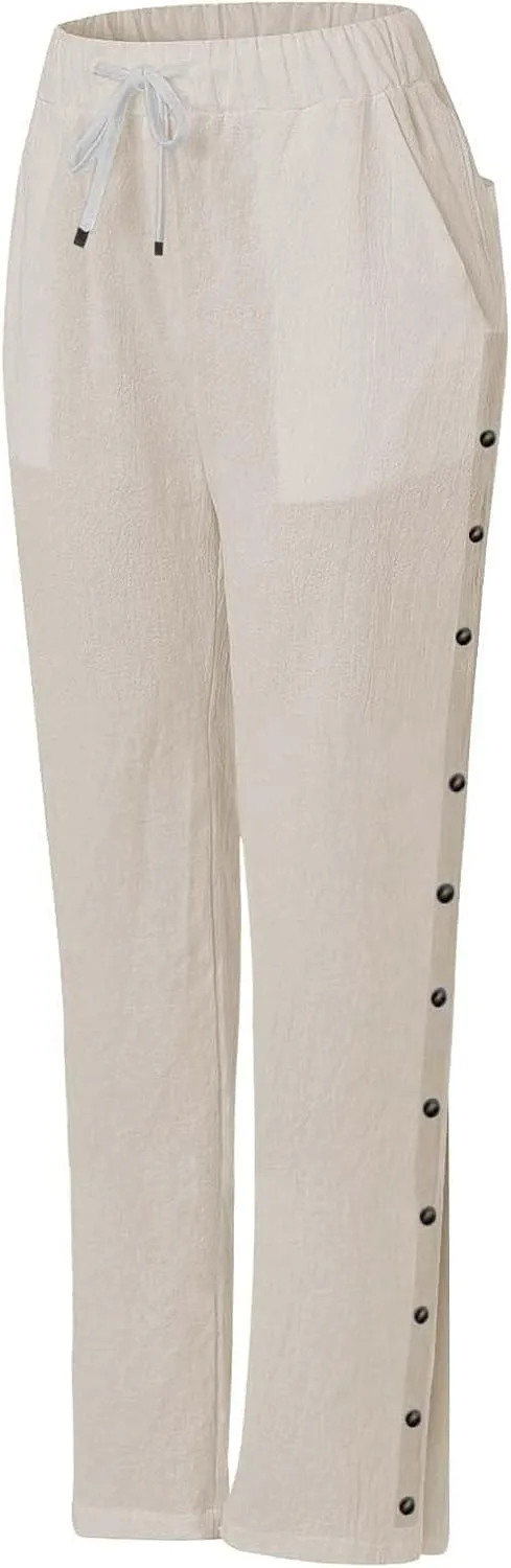 Women Linen Pants 2025 Side Button Up Casual Pants Loose Drawstring Beach Summer Lightweight Capri Trousers
