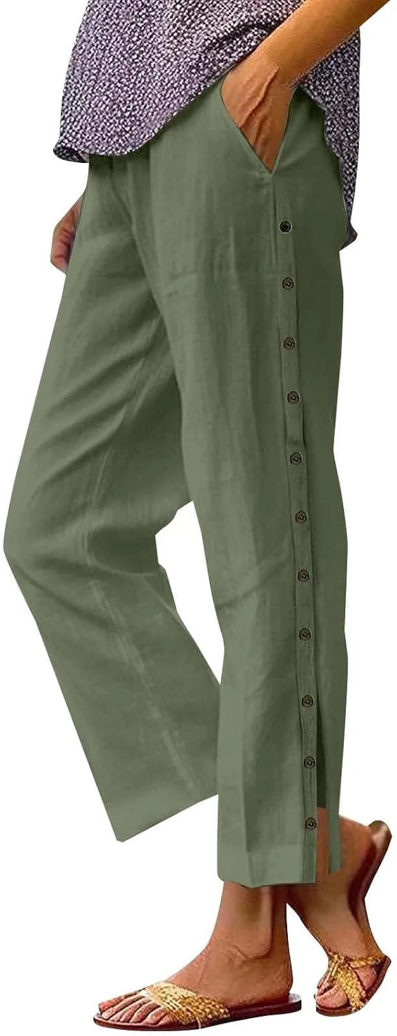Women Linen Pants 2025 Side Button Up Casual Pants Loose Drawstring Beach Summer Lightweight Capri Trousers