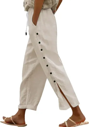 Women Linen Pants 2025 Side Button Up Casual Pants Loose Drawstring Beach Summer Lightweight Capri Trousers