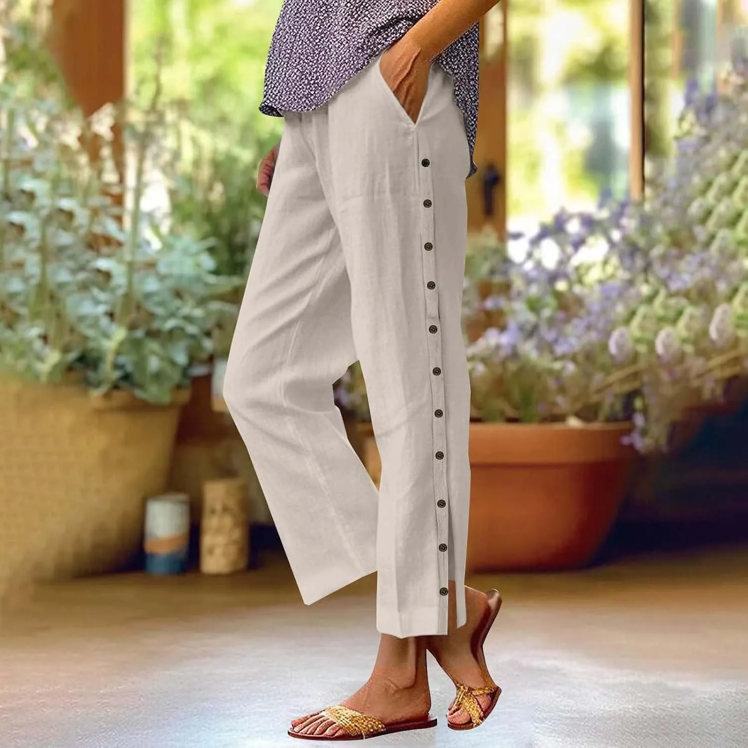 Women Linen Pants 2025 Side Button Up Casual Pants Loose Drawstring Beach Summer Lightweight Capri Trousers