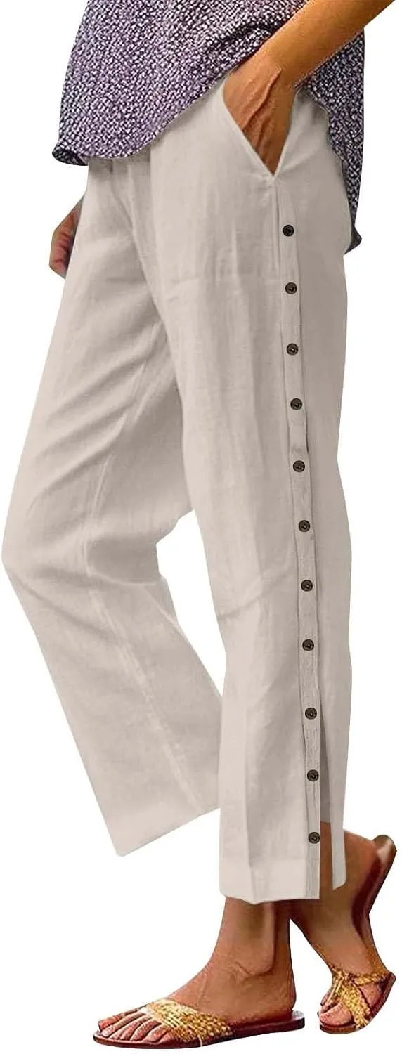 Women Linen Pants 2025 Side Button Up Casual Pants Loose Drawstring Beach Summer Lightweight Capri Trousers