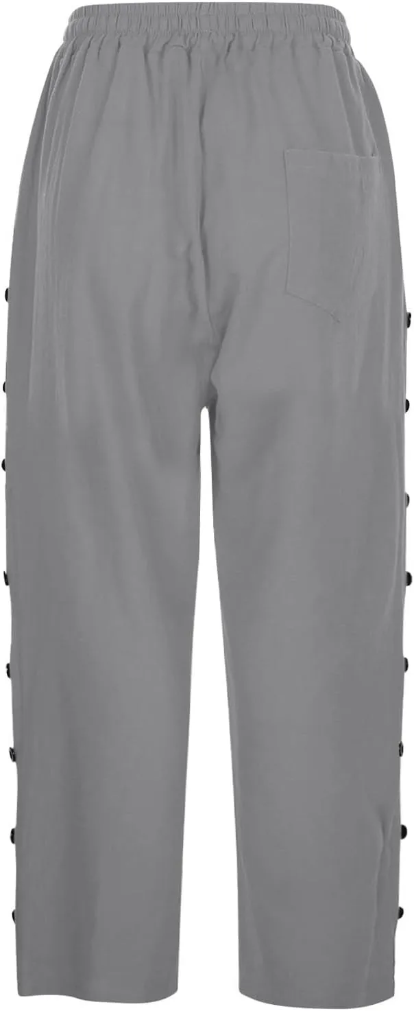 Women Linen Pants 2025 Side Button Up Casual Pants Loose Drawstring Beach Summer Lightweight Capri Trousers