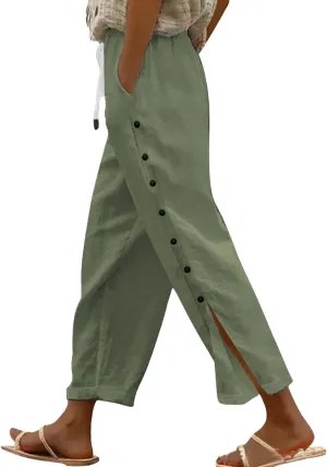 Women Linen Pants 2025 Side Button Up Casual Pants Loose Drawstring Beach Summer Lightweight Capri Trousers